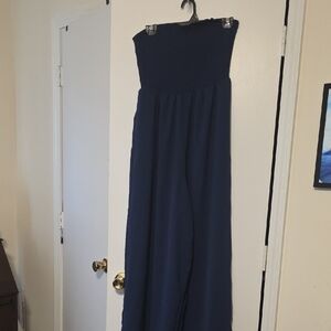 Elegant Navy Strapless Maxi With Wide Leg Pants.